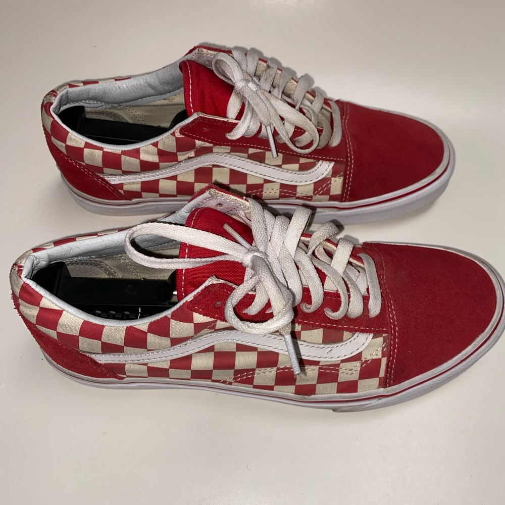Vans old school, checkered/canvas, red white Sk8 Shoes Sz M 9.5 W 11